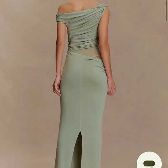 MESHKI Callen One Shoulder Slinky Maxi Dress in Sage - Picture 2 of 4
